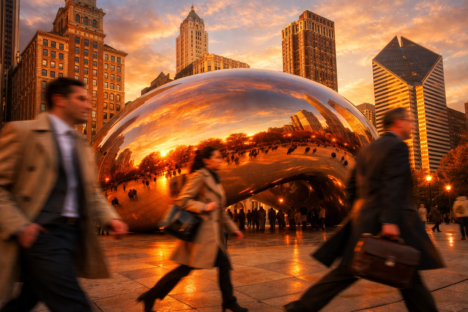 Professionals at Millennium Park in Chicago, representing the high-tempo business schedule.