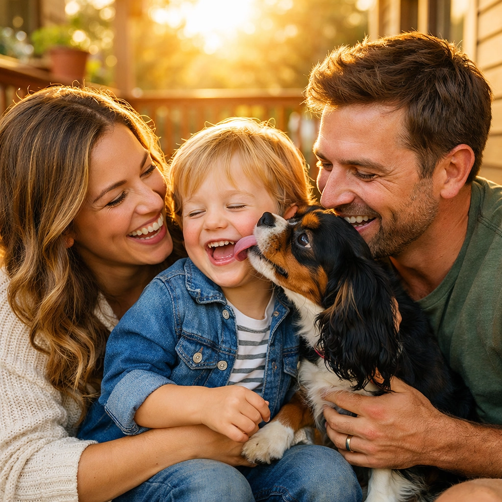 Health-tested Cavalier King Charles Spaniels in Portland OR cuddling with a happy family outdoors.