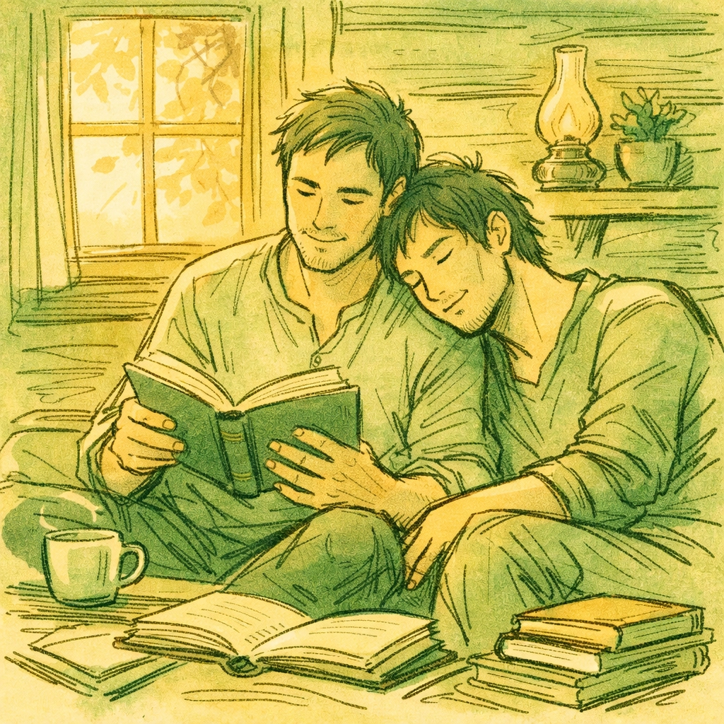 Gay couple reading MM romance books together in cozy cabin interior