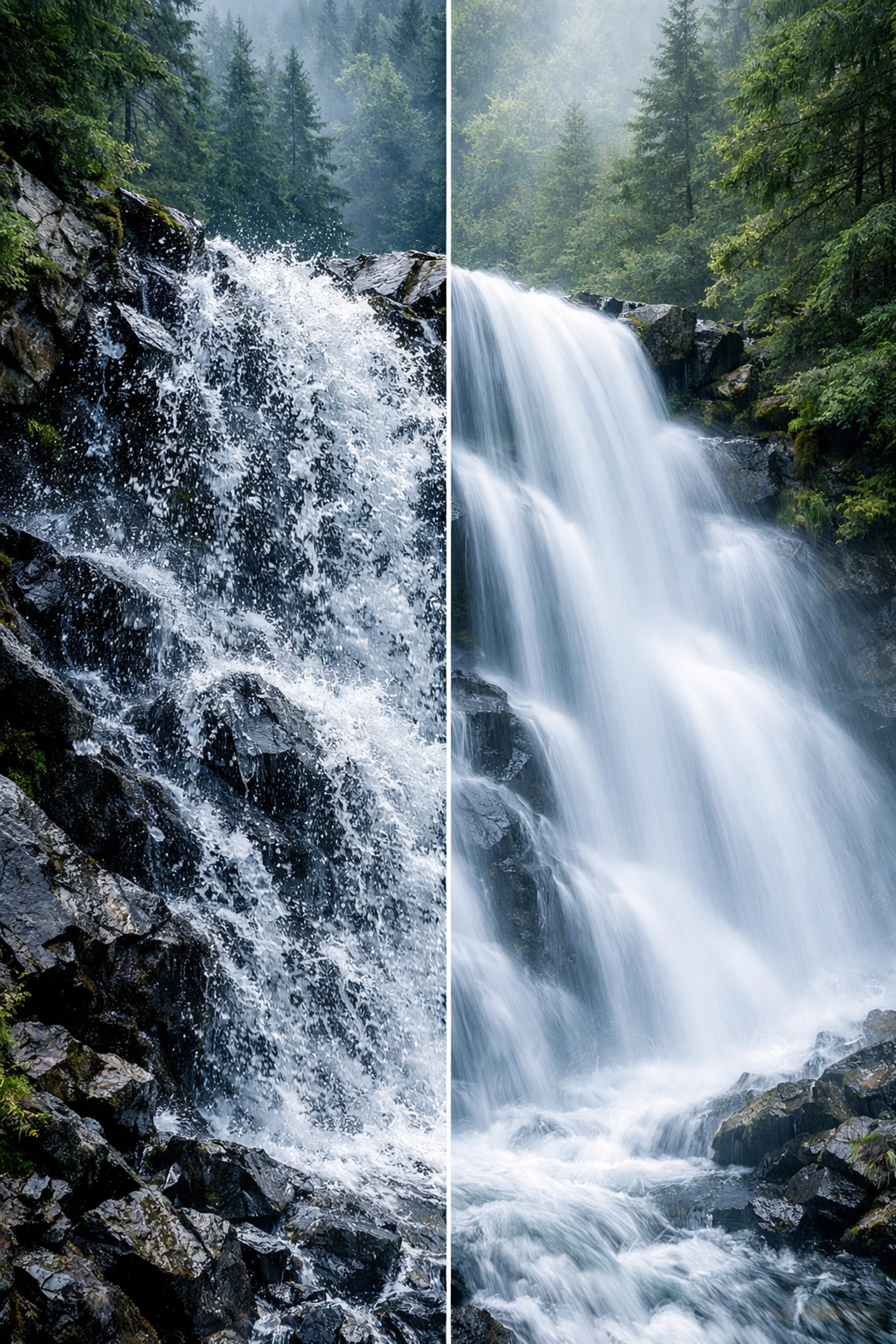 Waterfall split screen comparing fast and slow shutter speed in manual mode camera settings.