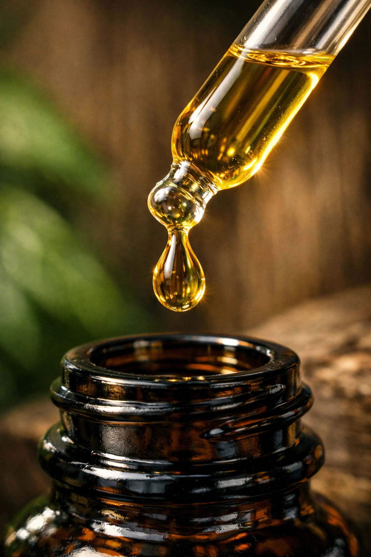 Macro view of premium botanical beard oil drop highlighting high-quality natural ingredients.