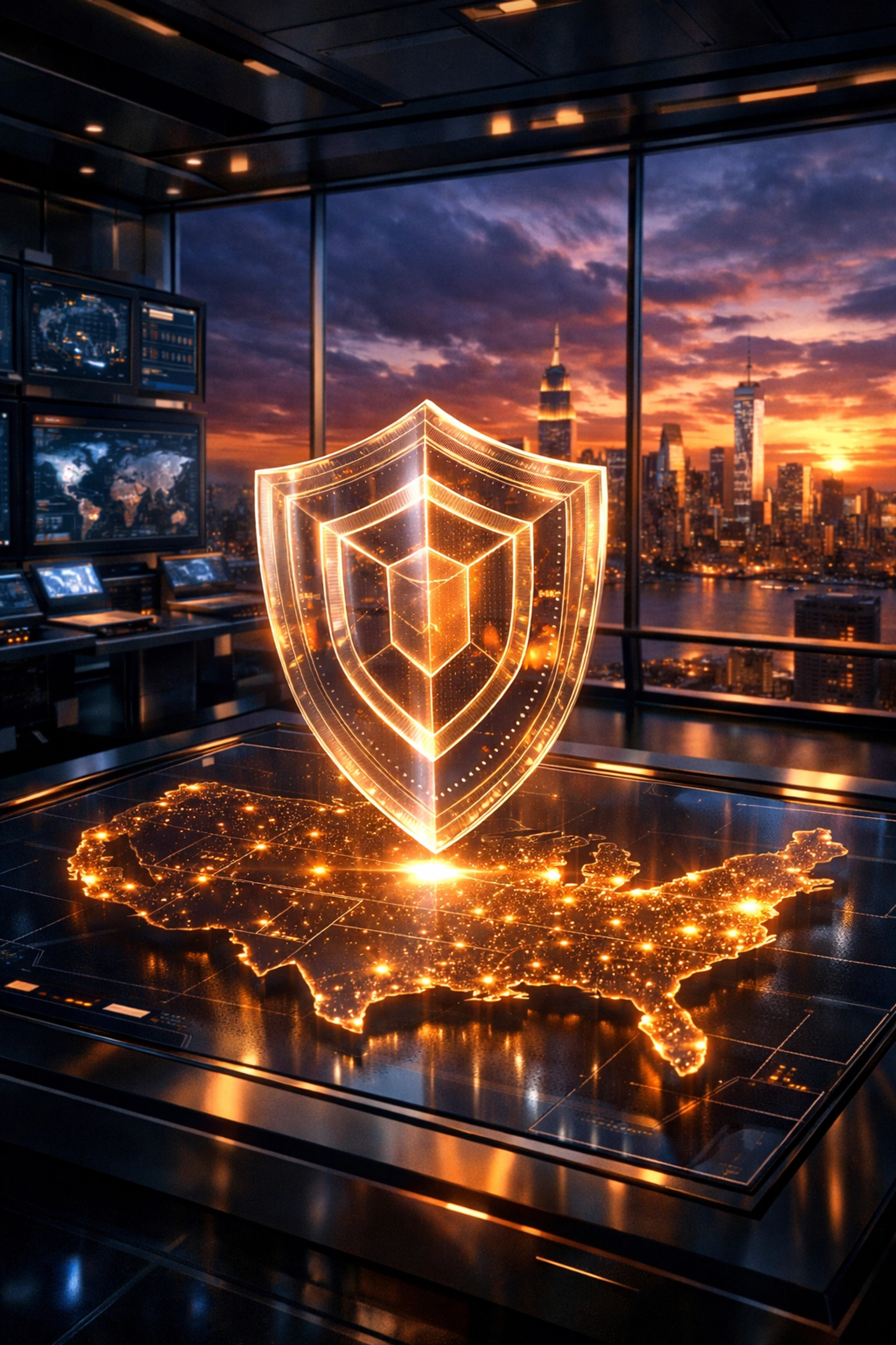 Digital shield over a US map representing secure and compliant Larecoin crypto payment solutions for merchants.