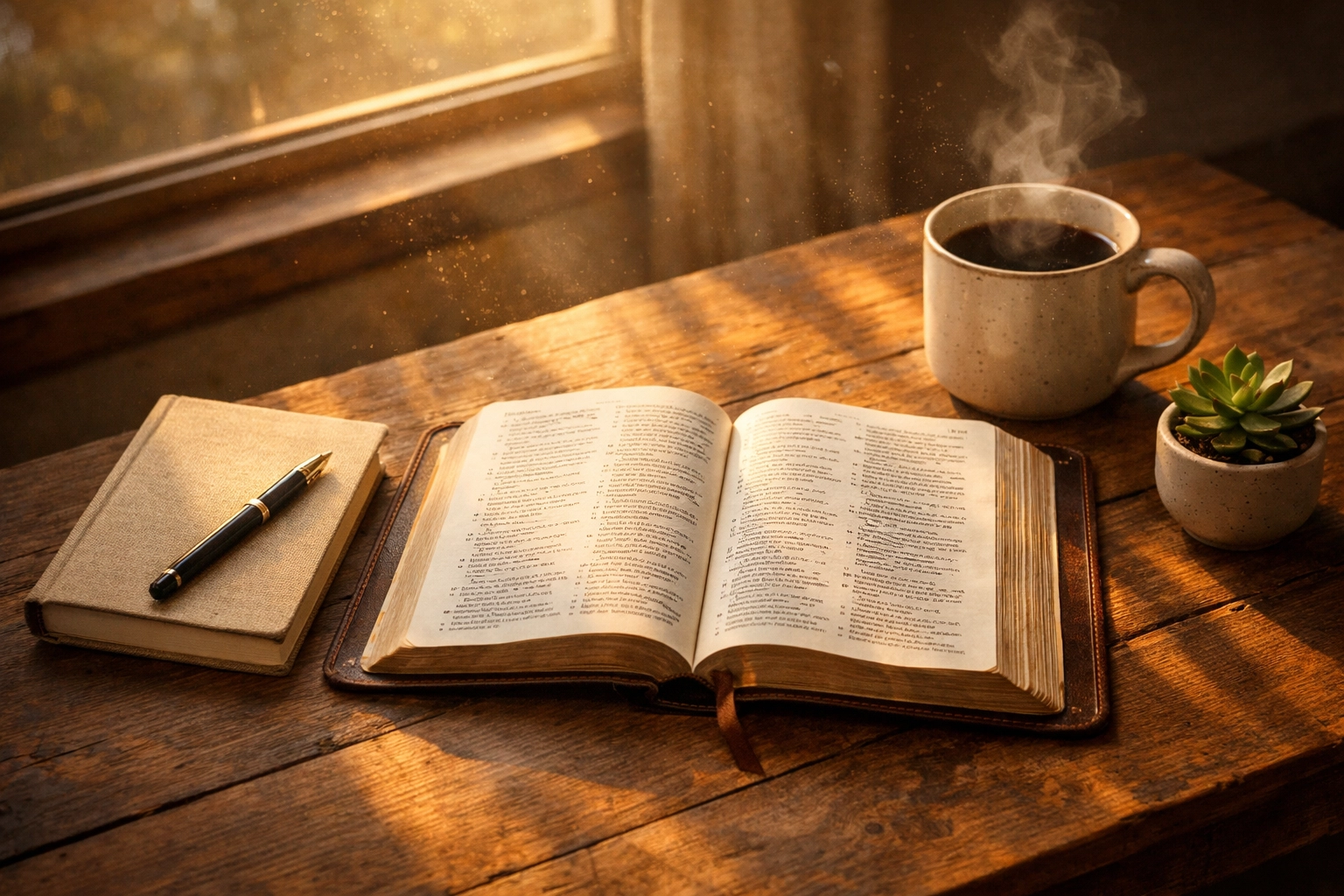 A serene morning Bible study setup with an open Bible and journal for daily scripture reflection and prayer.
