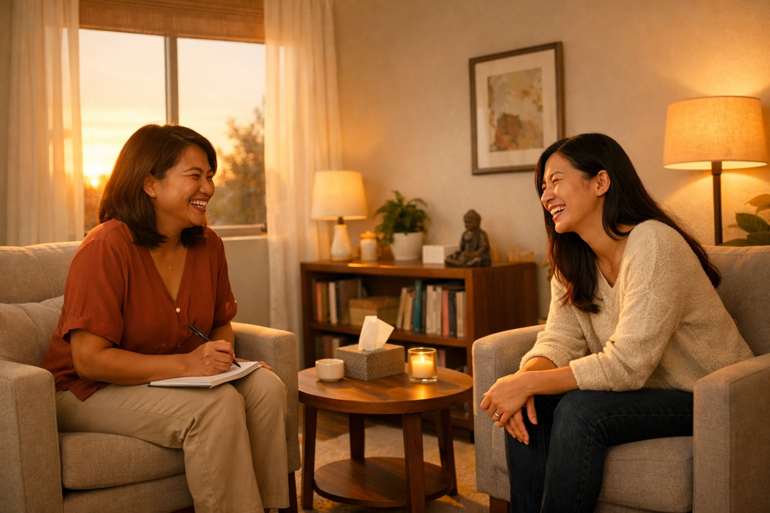 Filipino therapist and Asian client sharing a moment of hope and healing after complex trauma therapy.