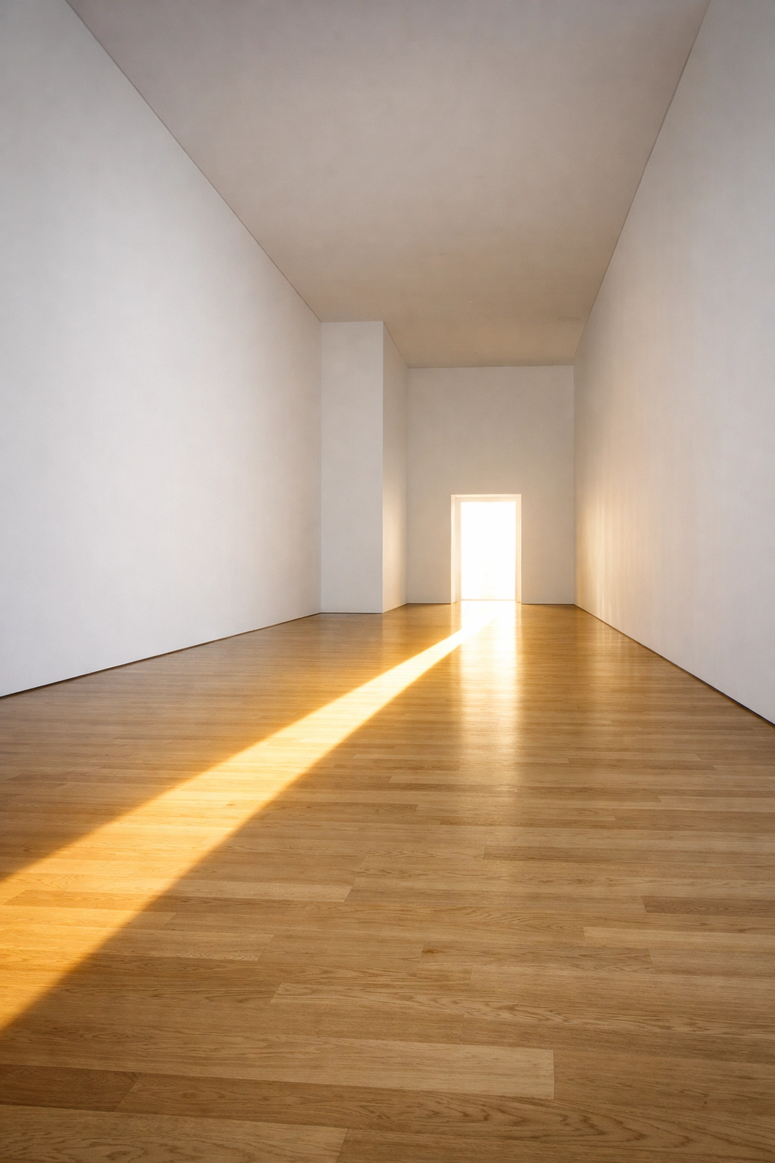 A sunlit path in a minimalist gallery leading toward an open doorway, representing an agent’s growth at White Picket Realty.