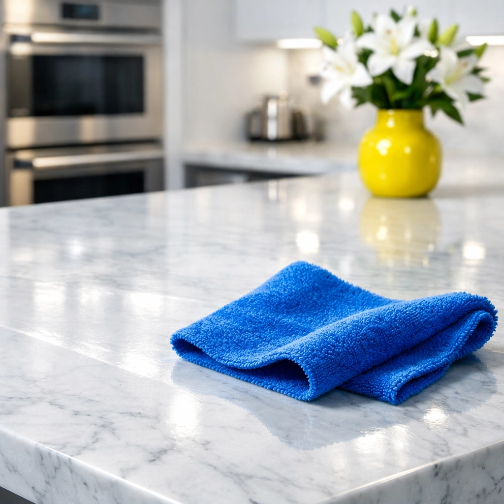 Deep cleaning a luxury Wayland kitchen island with a microfiber cloth for a streak-free, hygienic finish.