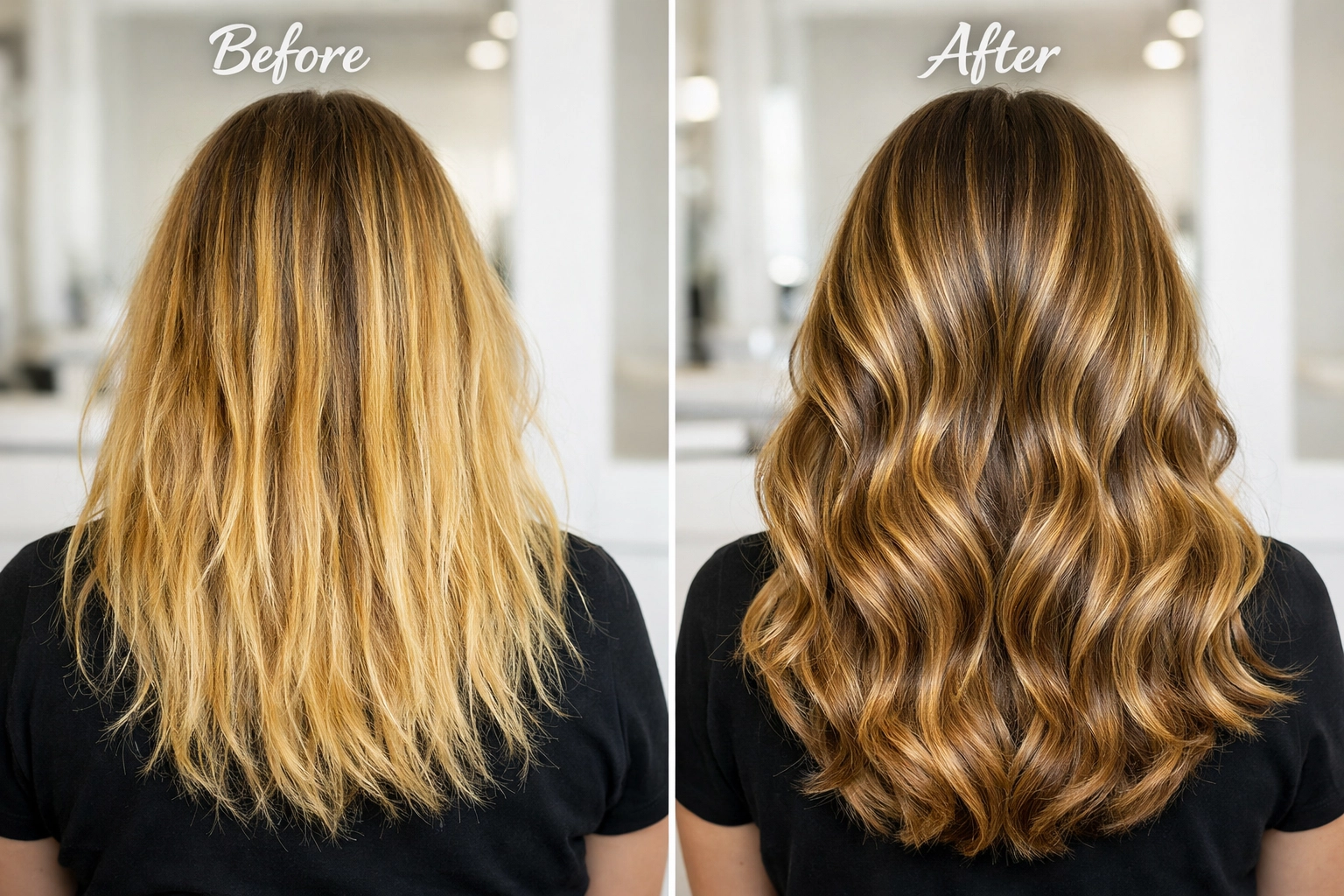 Before and after bronde balayage transformation at Concord salon showing glossy dimensional color