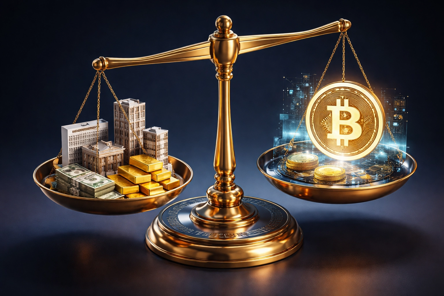 Balanced scale comparing traditional and modern investment assets, illustrating optimal portfolio diversification for accredited investors.