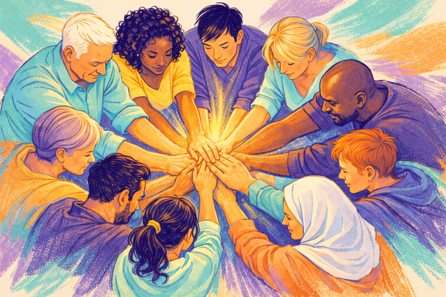 Diverse community members joining hands in prayer and unity circle