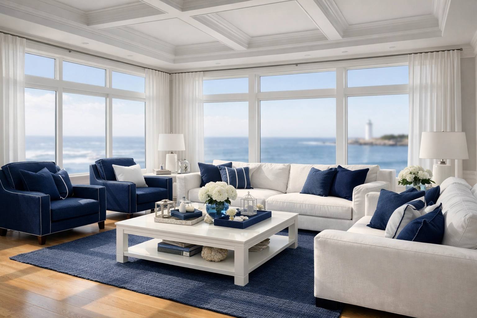 Sun-drenched luxury living room in a Scituate estate with dust-free surfaces and ocean views.