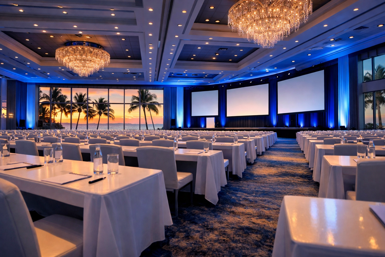 A luxury Miami Beach event venue prepared for a corporate conference with professional atmospheric lighting.