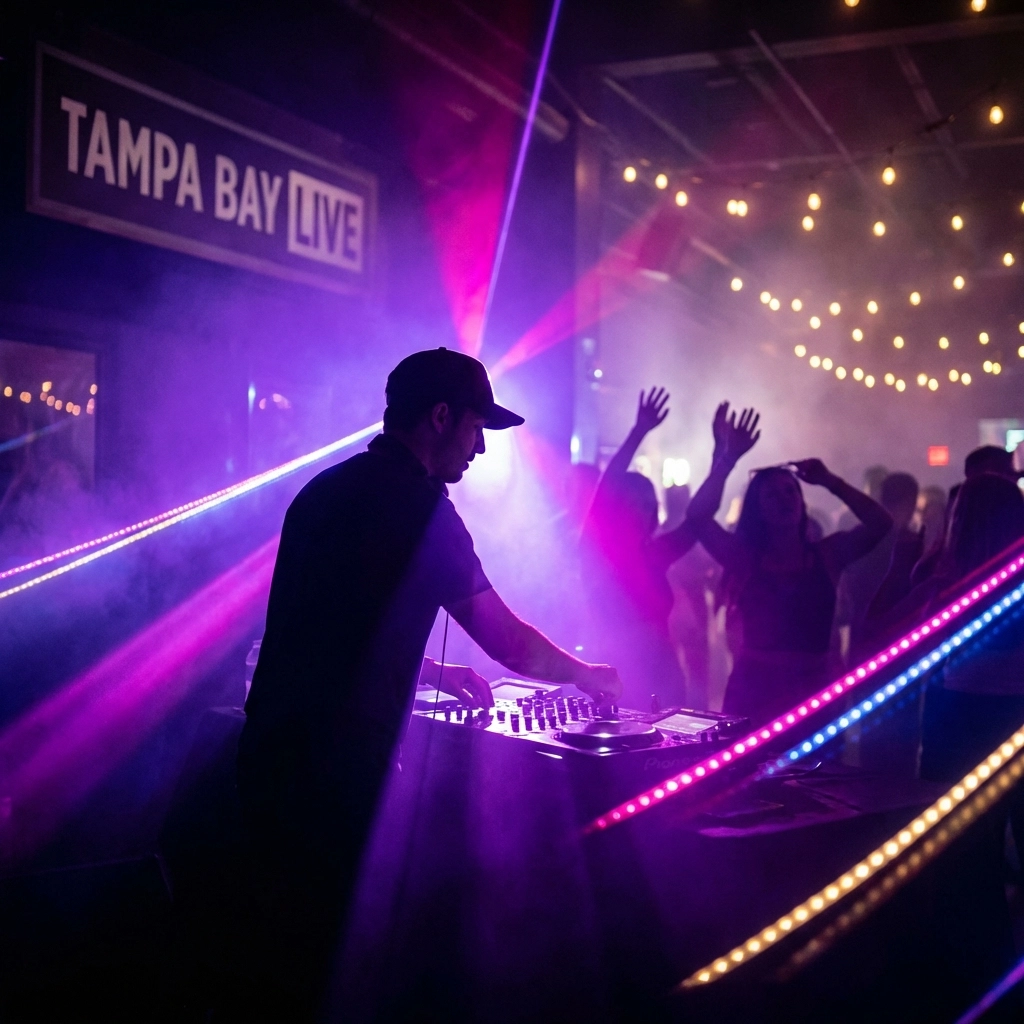 Professional DJ and lively dancers energize a Tampa Bay event venue with vibrant neon lighting and entertainment.