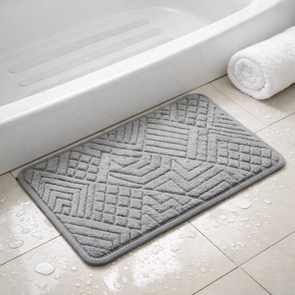 Non-slip bath mat outside tub with adhesive strips inside for fall prevention
