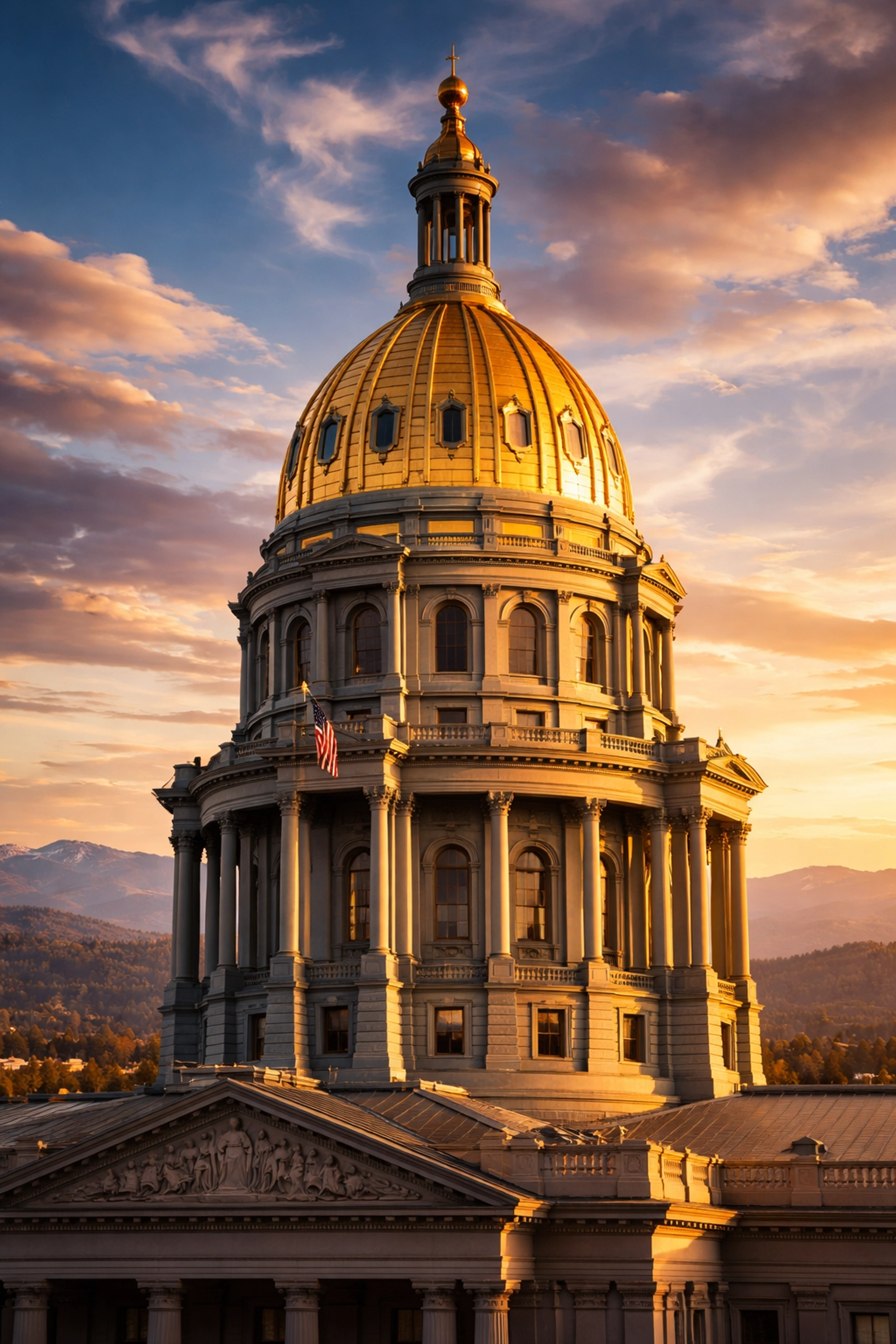 Colorado State Capitol Building gold dome shines at sunset, showcasing Denver’s historic metalwork and architecture.