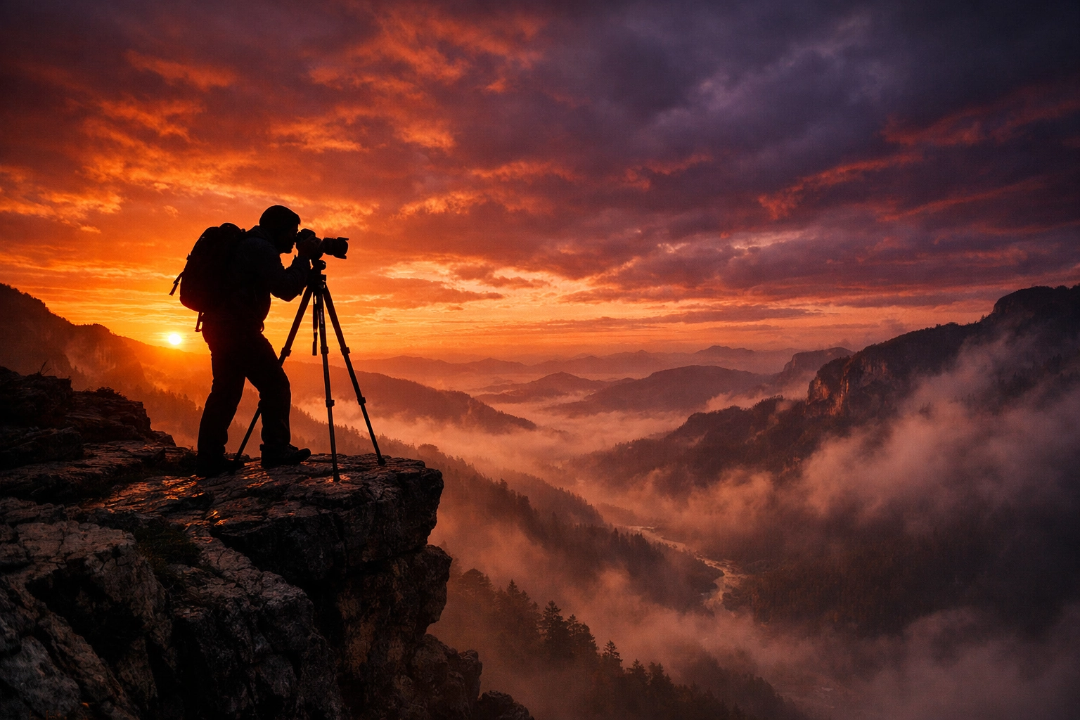 Professional landscape photographer capturing a sunset from a dramatic cliffside at a top photo spot.