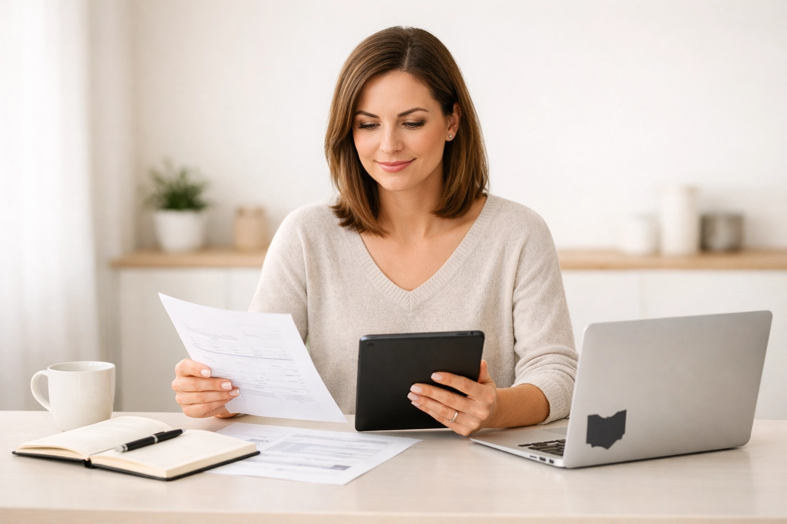 Ohio Surrogate Compensation and Pay Ohio Surrogate reviewing compensation planning documents on a tablet in a bright modern setting