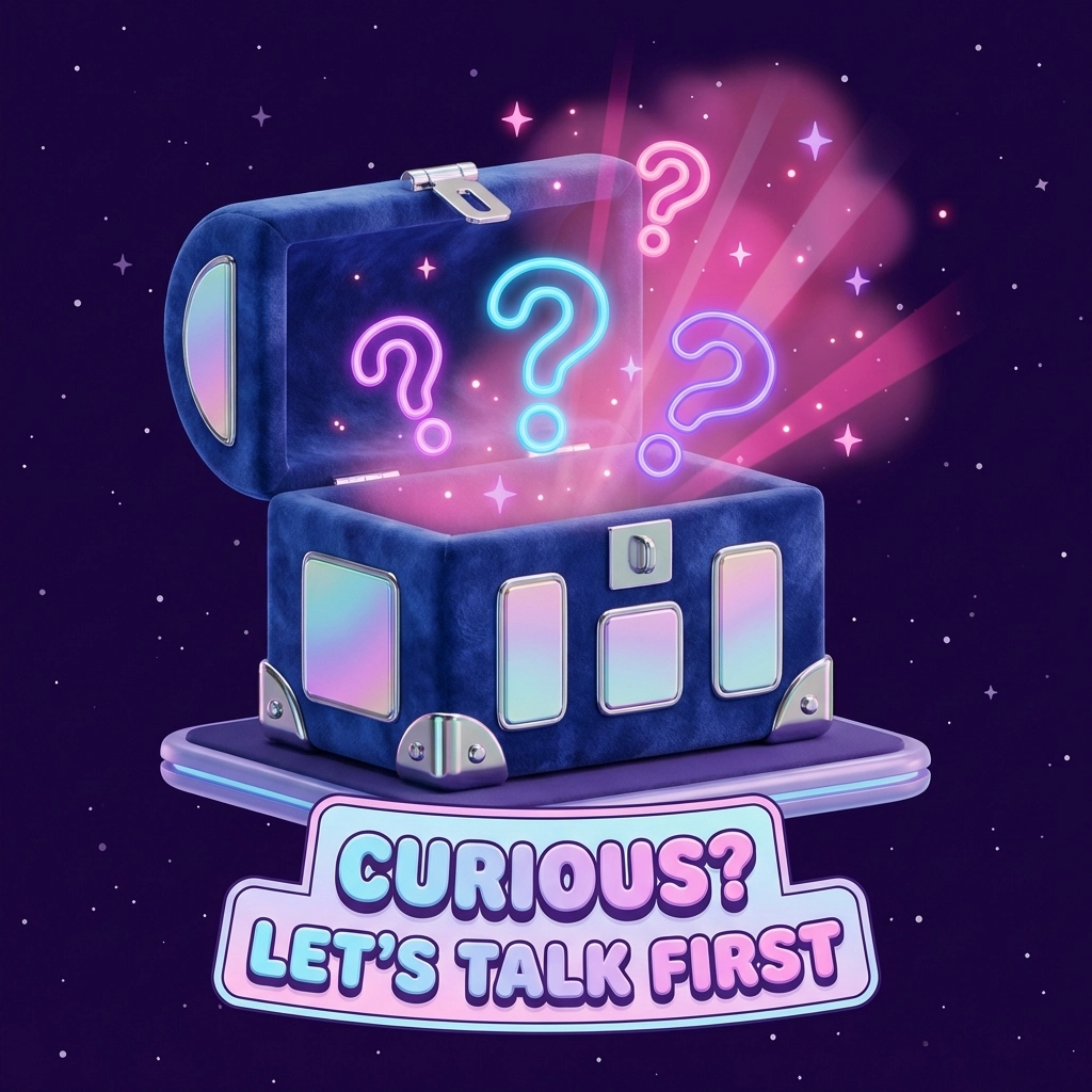 A velvet chest with neon question marks represents discussing new BDSM surprises in advance rather than in the moment.