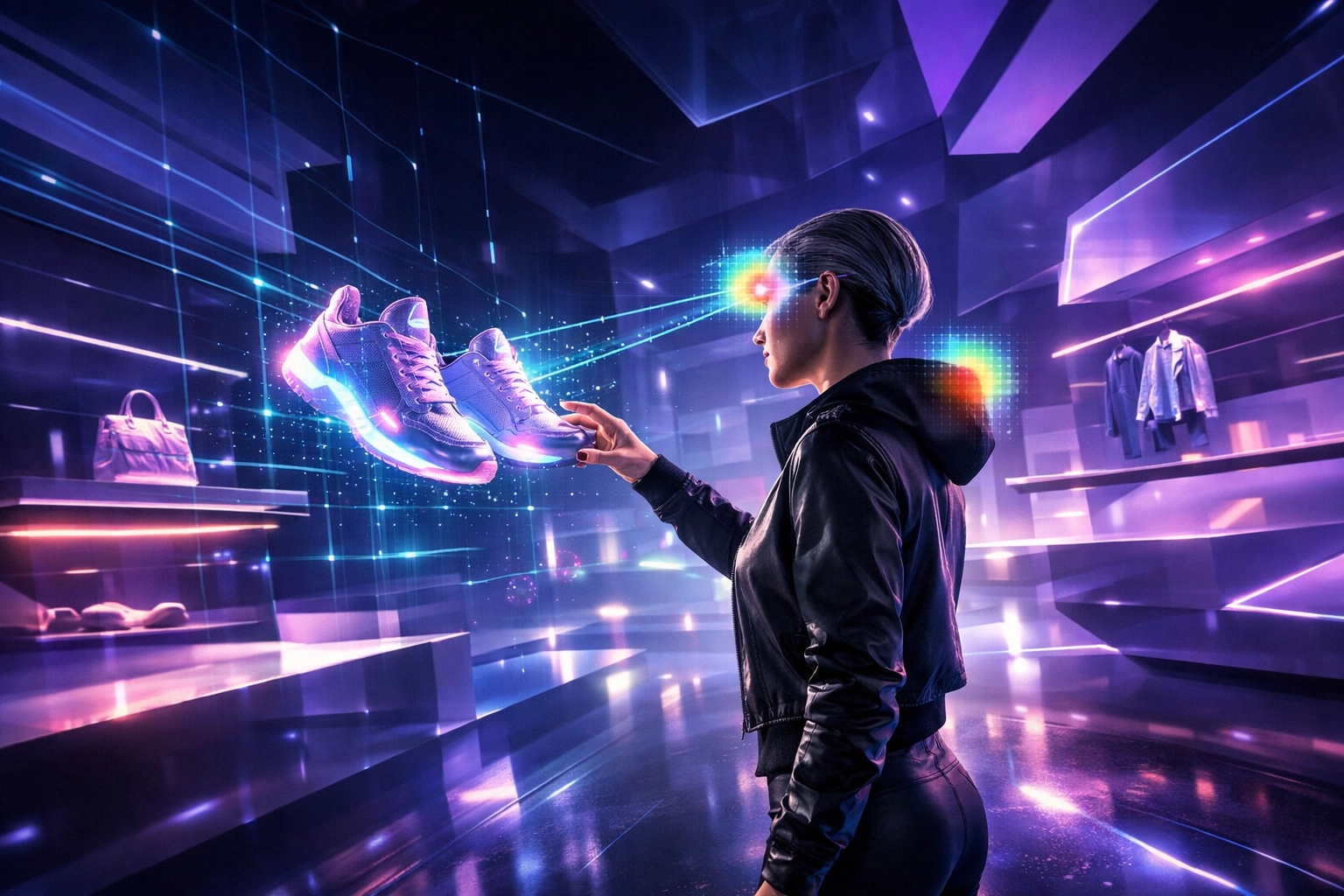AI-powered spatial intelligence tracking shopper behavior in a futuristic metaverse digital boutique.