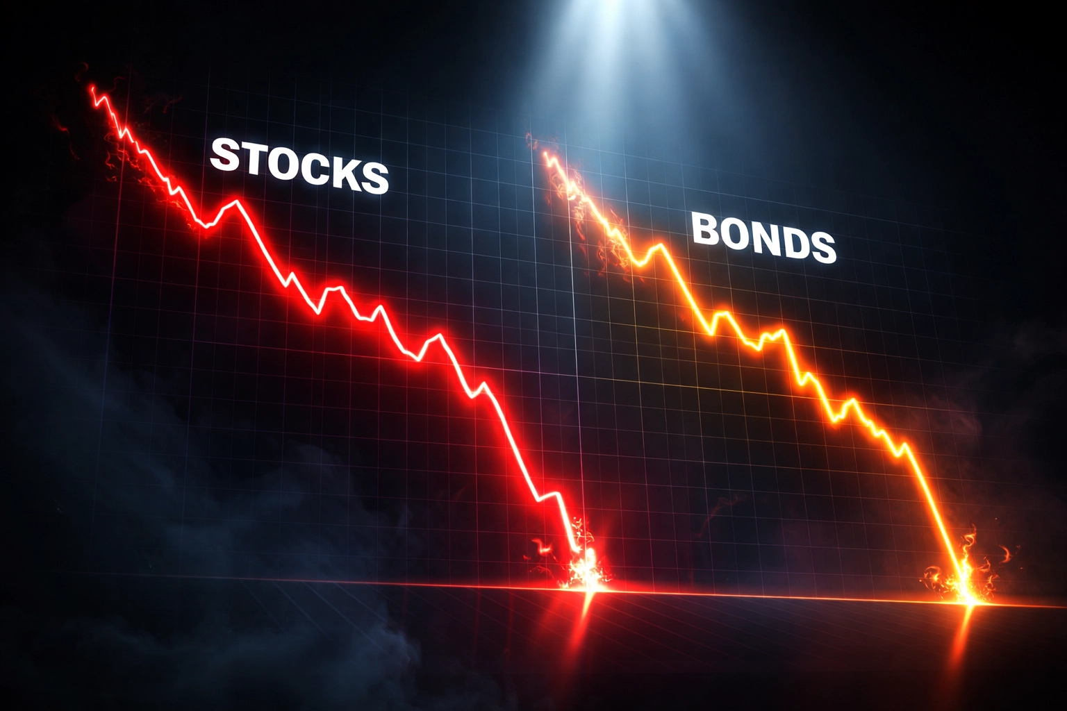 Stocks and bonds charts dropping together, showing the risks of correlation in traditional 60/40 portfolios