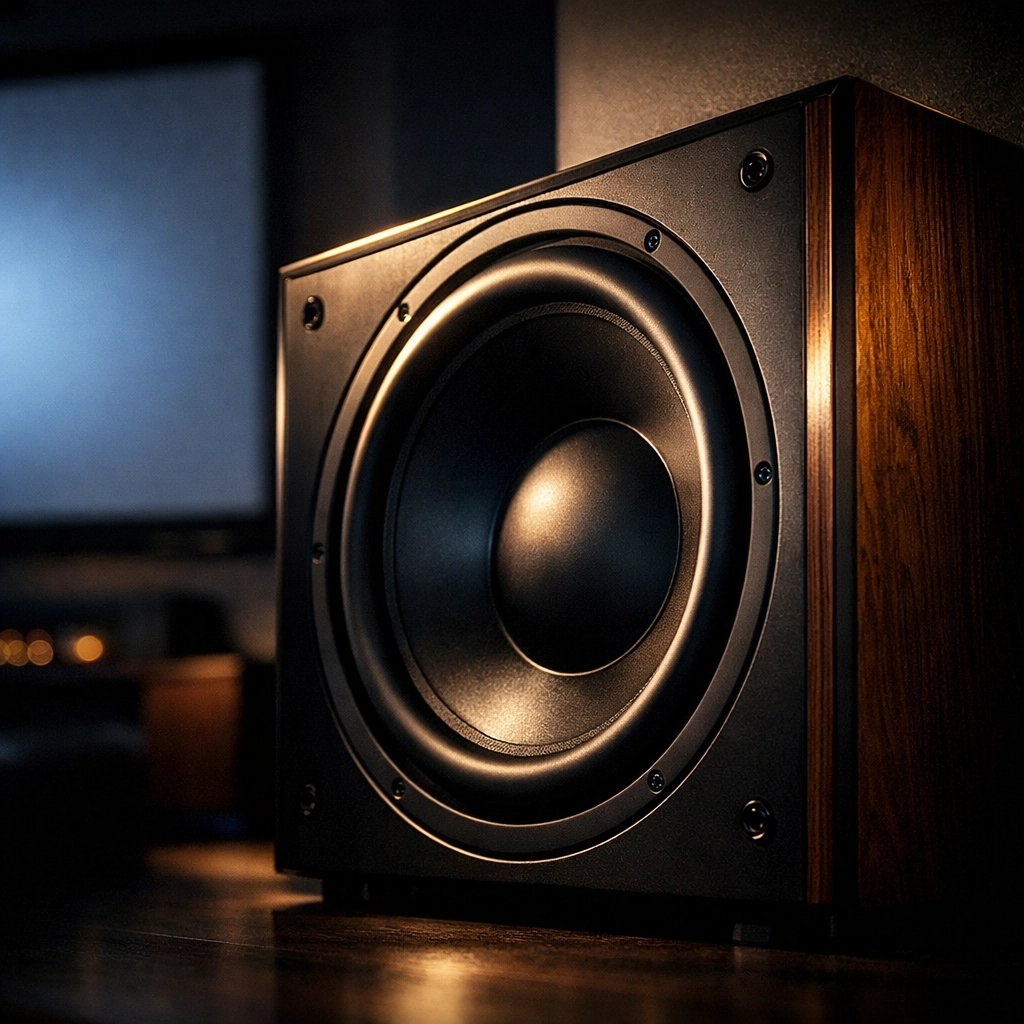 High-performance subwoofer integrated into a custom home theater for deep bass and immersive surround sound.