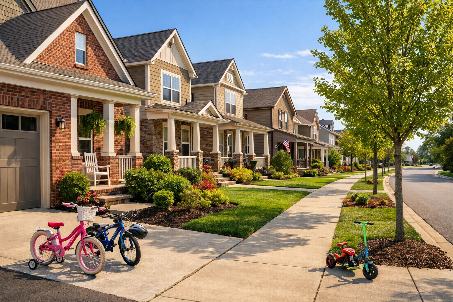 New construction homes in Gallatin Tennessee neighborhood with family-friendly streets and front porches