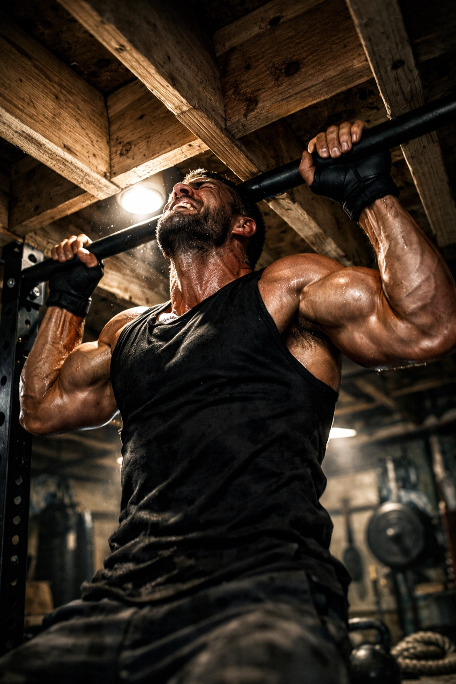 Athlete performing a pull-up in a low-ceiling home gym with restricted vertical space.