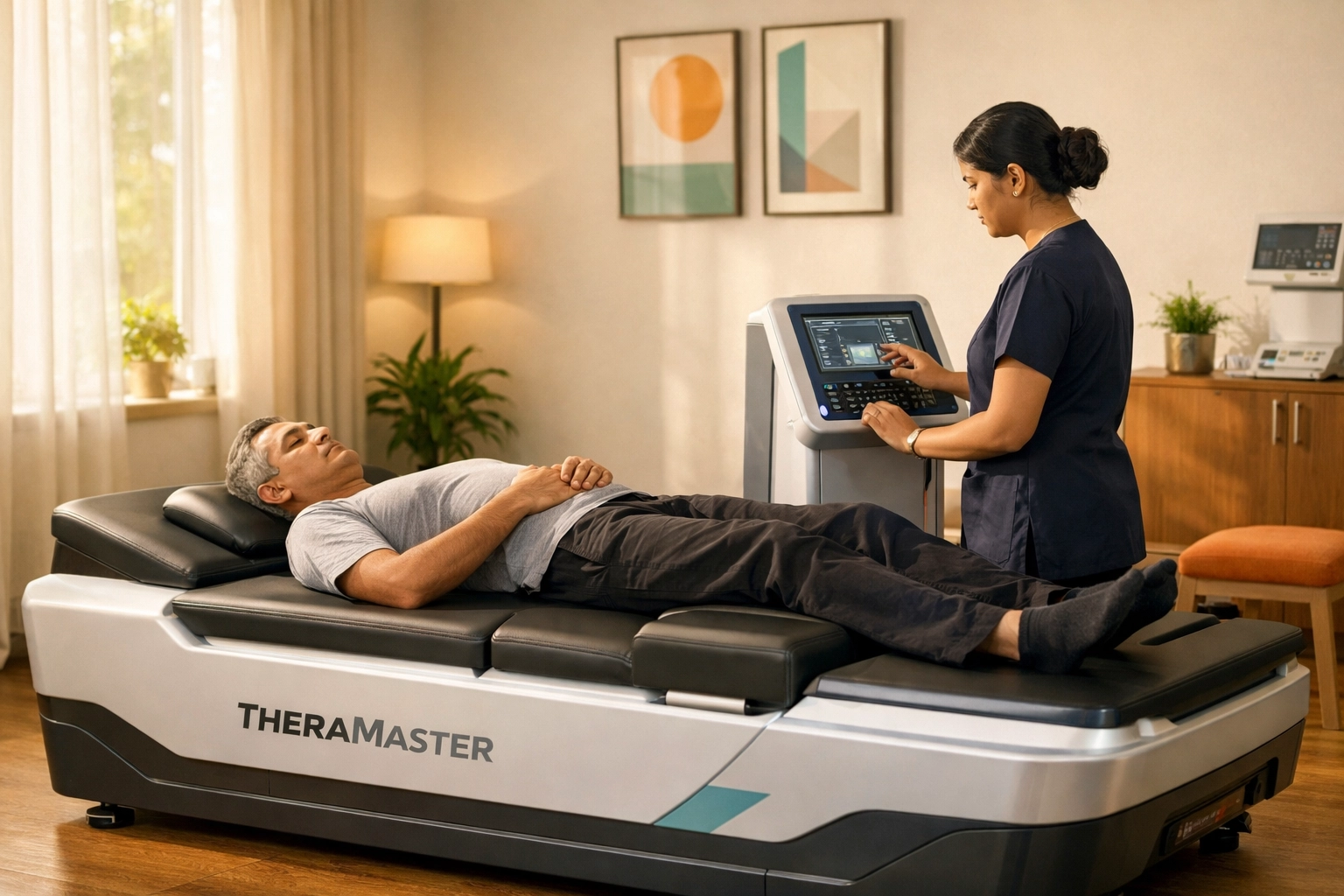 Patient receiving non-surgical spine care on a TheraMaster decompression bed at a physiotherapy clinic in Ernakulam.