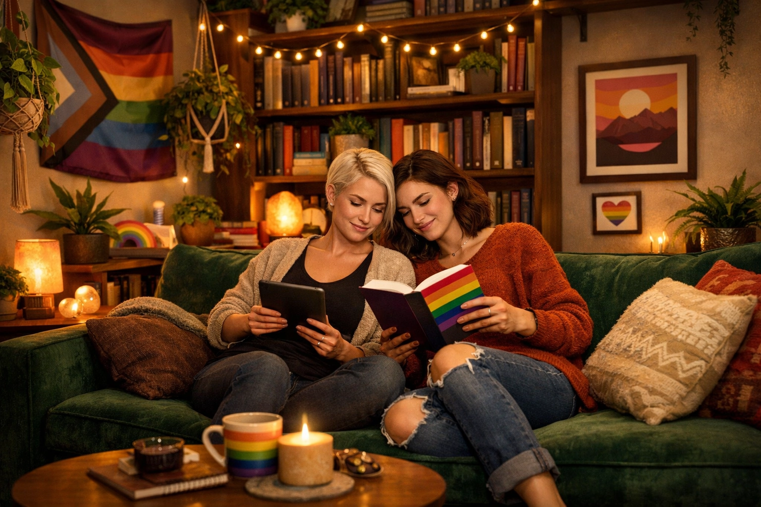 A lesbian couple reading together in a cozy, pride-themed book nook with colorful decor and indoor plants.
