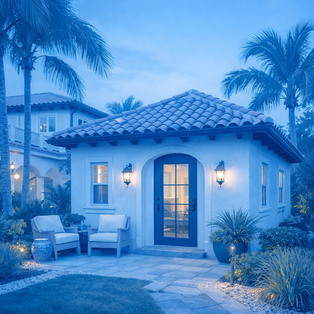 Modern guest house ADU in Southwest Florida backyard with palm trees and tropical landscaping