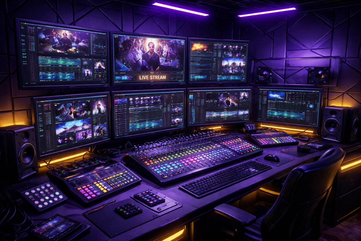 High-tech livestream control room with monitors and streaming equipment for professional event streaming