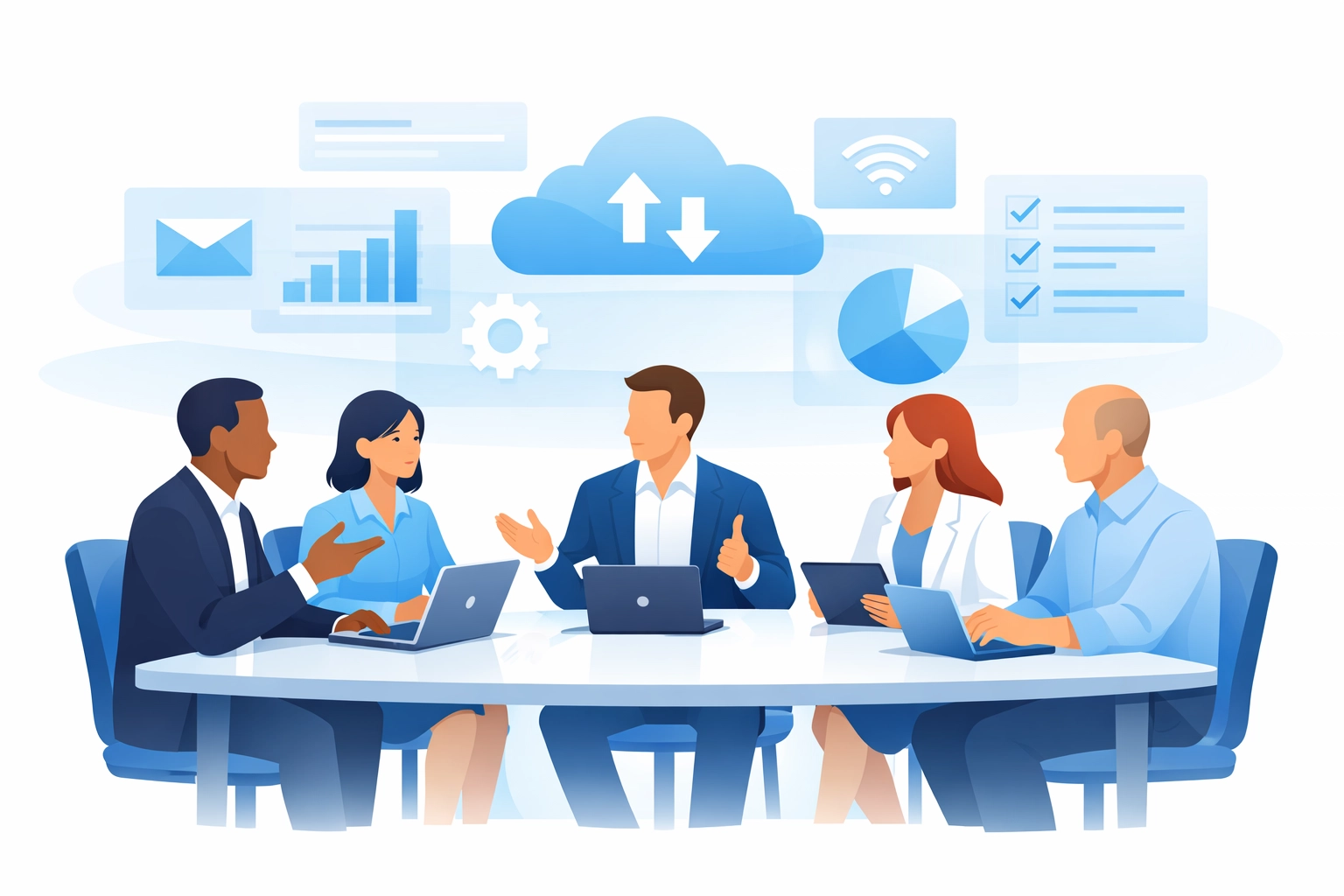 Business professionals collaborating on provider-agnostic IT support strategy with cloud services