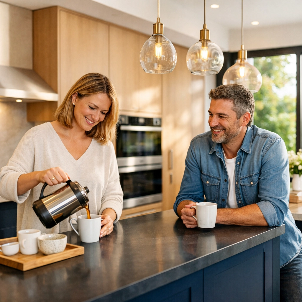 A happy couple enjoying a stress-free luxury kitchen extension in North London after a full build.
