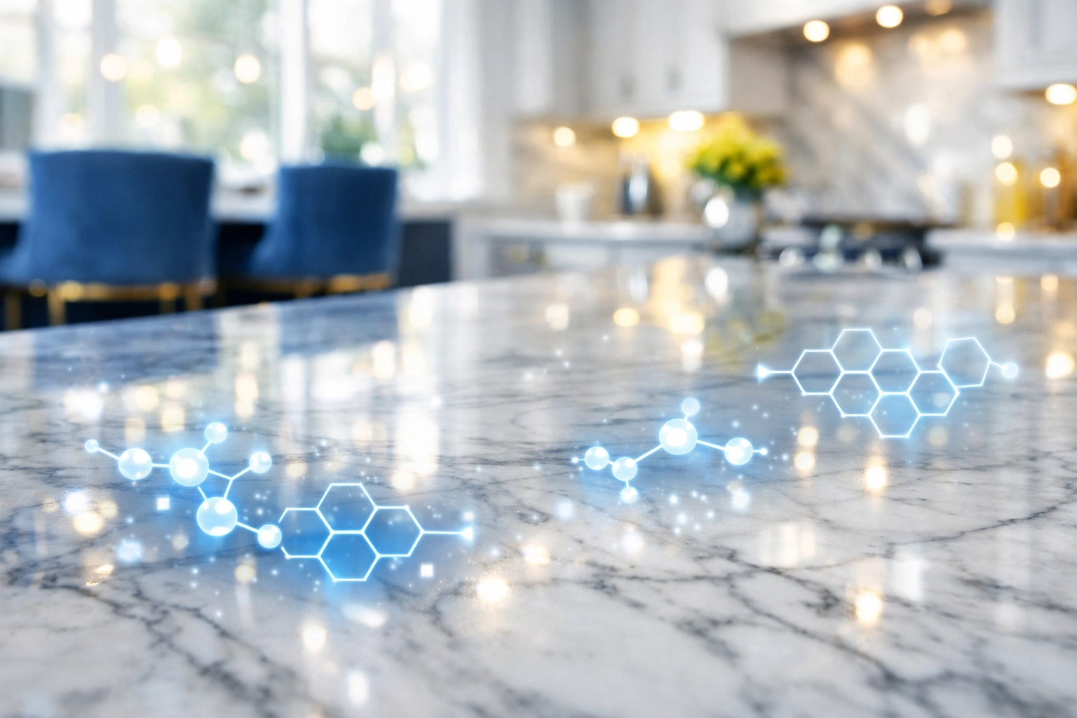 A pristine marble kitchen counter reflecting a biological reset achieved through apartment cleaning.