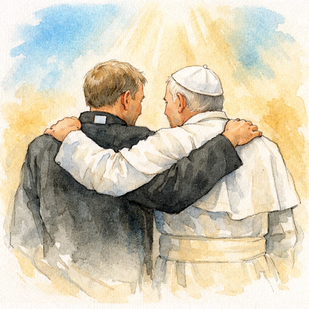 Two church leaders standing together in unity showing collaborative ministry partnership