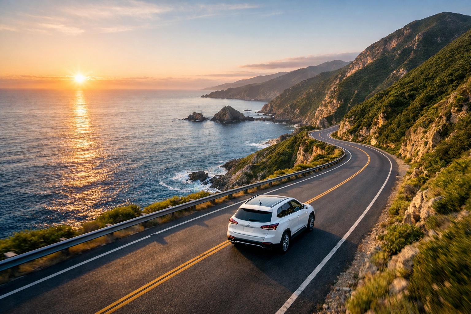 White electric SUV driving on a scenic coastal road with zero emissions to protect the natural environment.