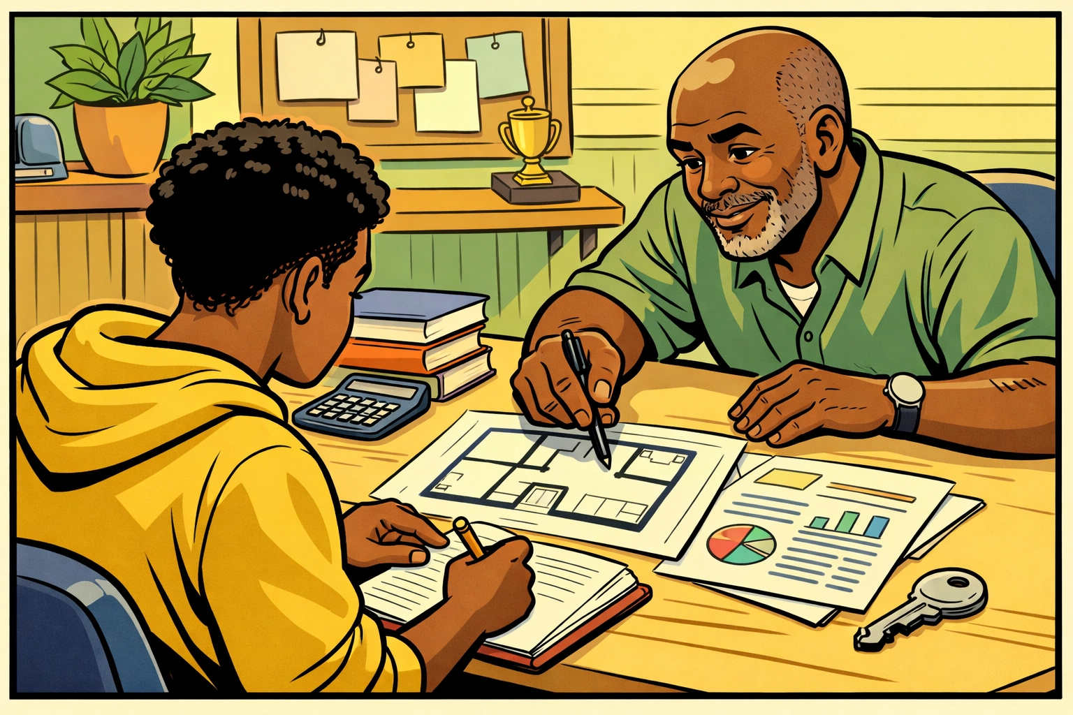A Black teen and mentor reviewing home blueprints and financial documents to build generational wealth.