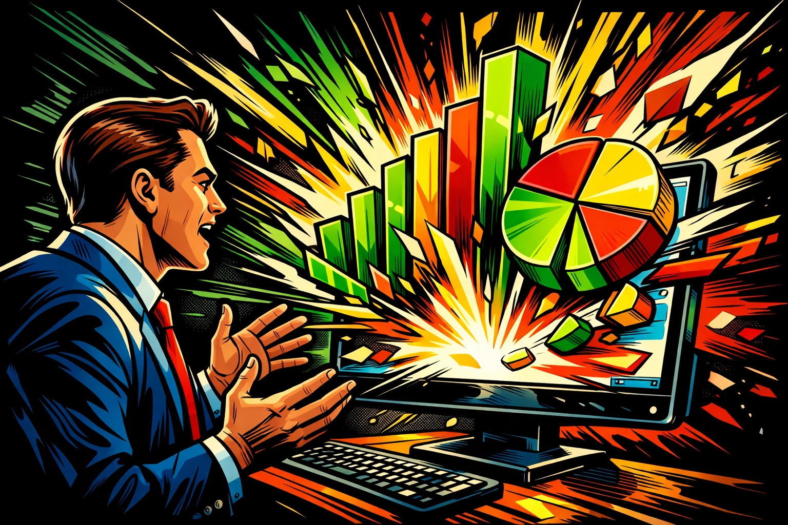 Entrepreneur using AI business automation to generate instant data reports and visual charts.