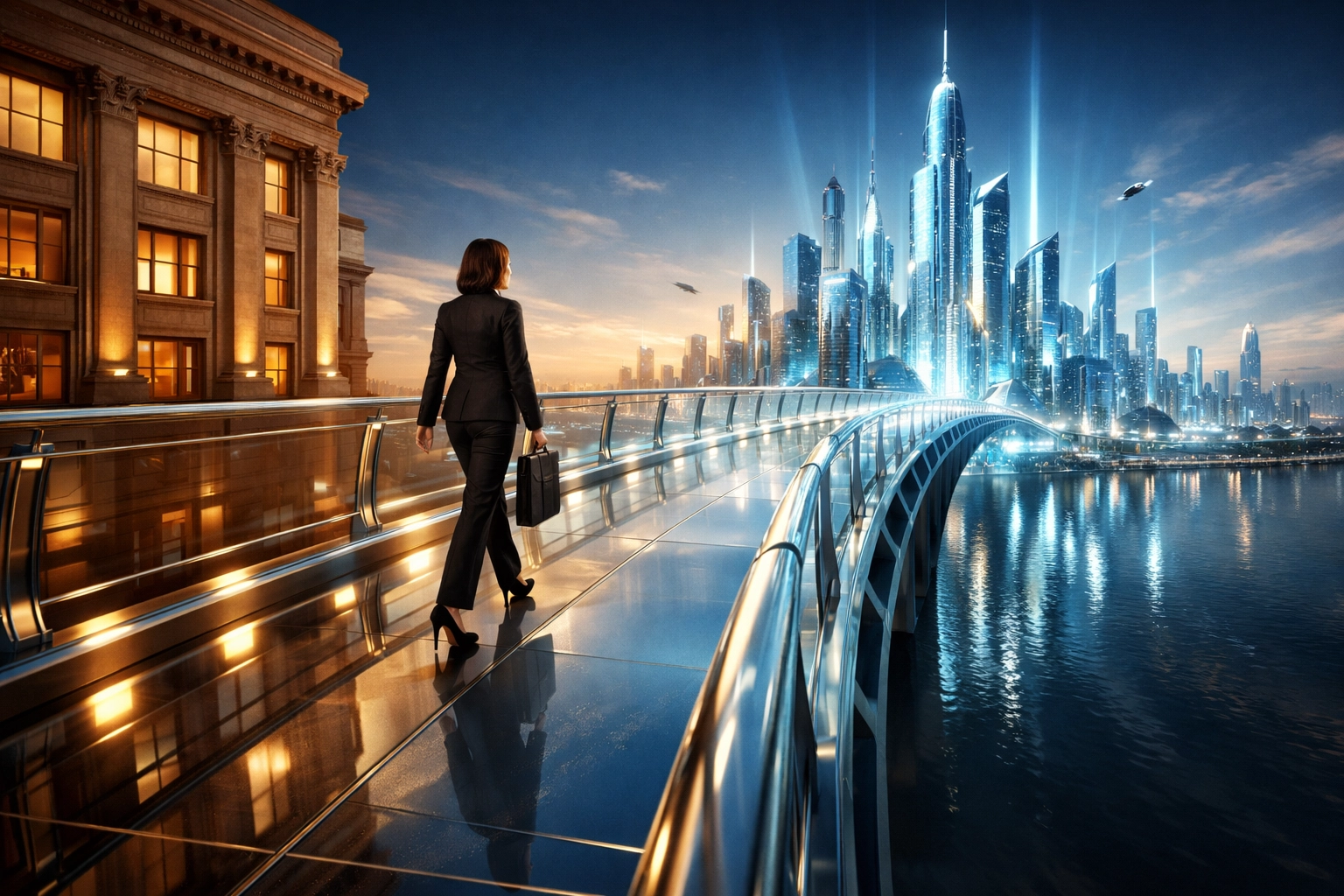 Mit KI-Skills sicher in die Zukunft: Person überquert Brücke in eine moderne digitale Arbeitswelt.