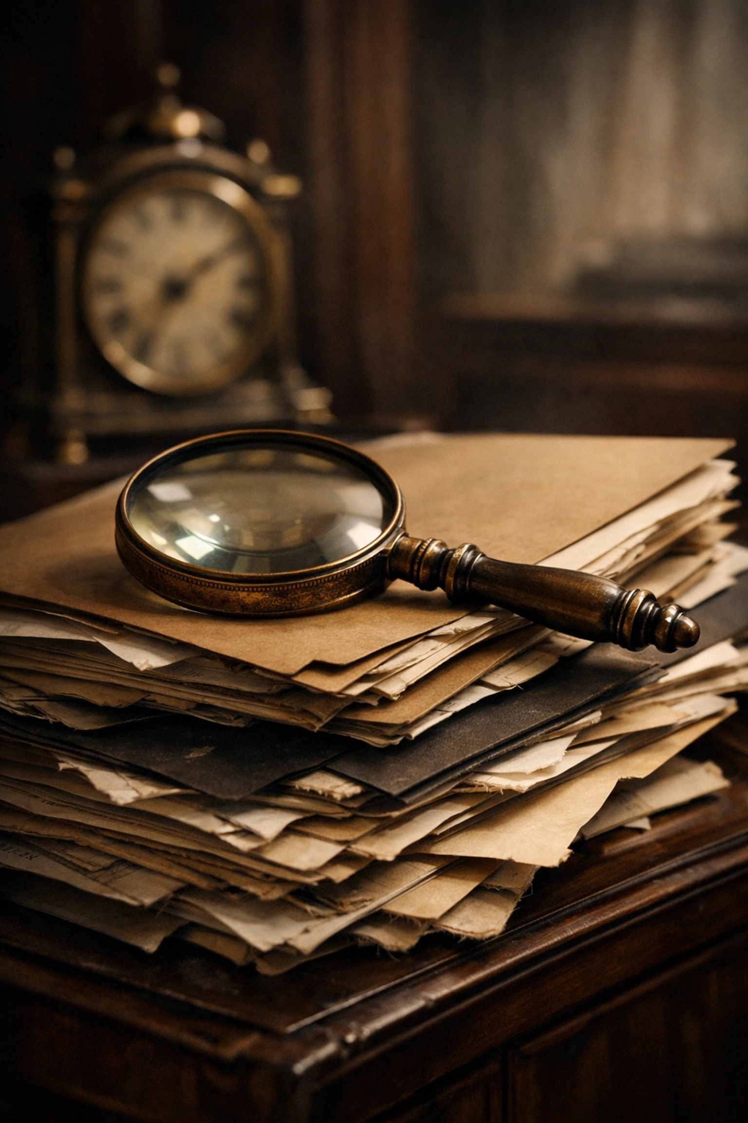 A magnifying glass over disorganized legal files representing an investigation into trial lawyer errors.