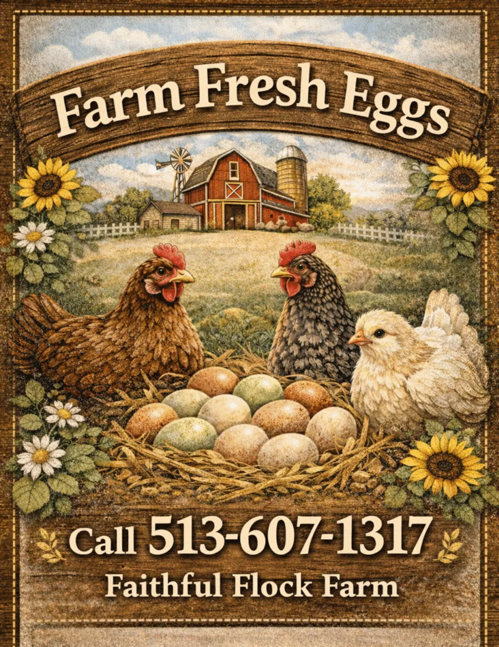 Hens surrounding a nest of eggs in front of a red barn