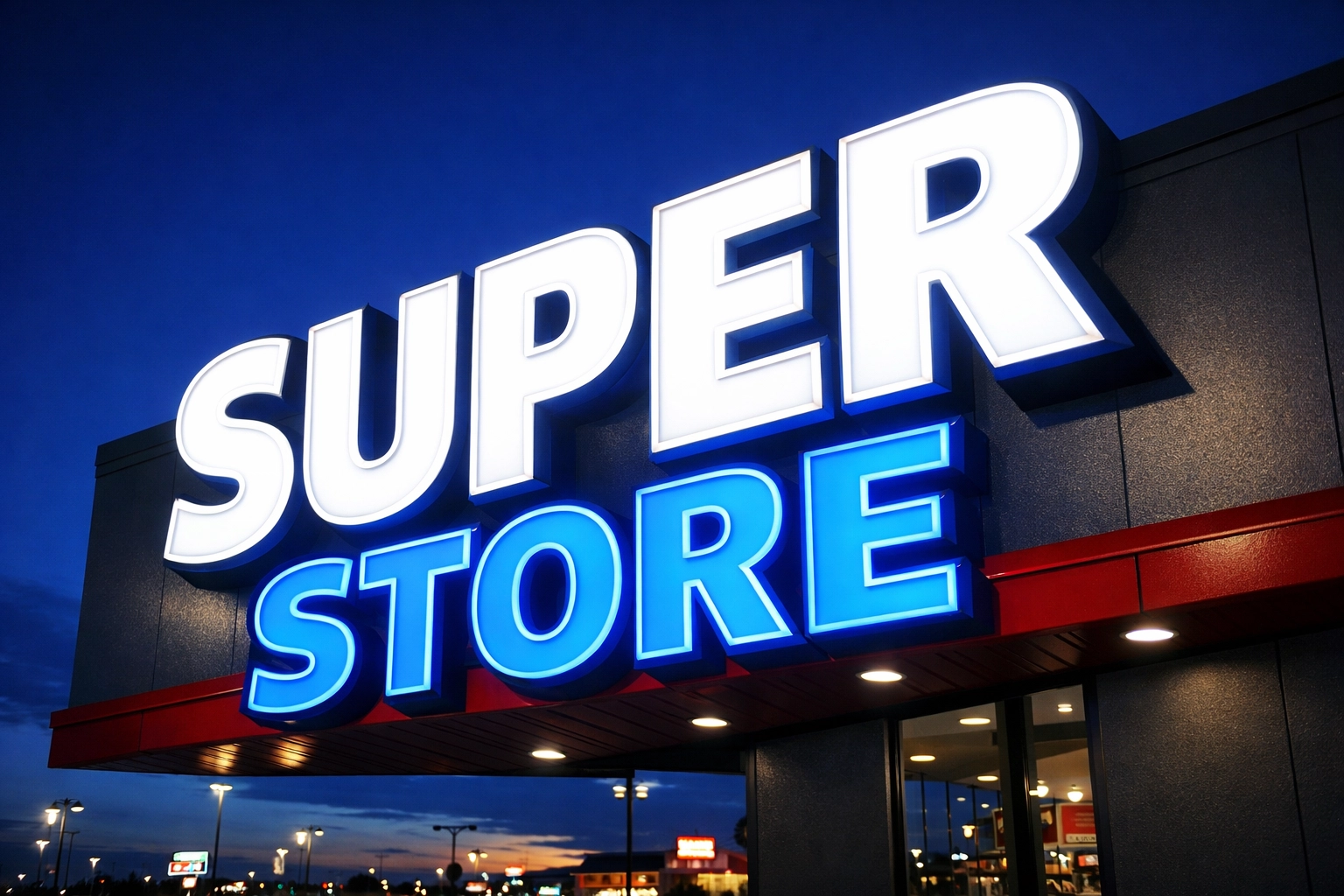 Brightly lit front-lit LED storefront sign in North Texas providing high-impact visibility at night.