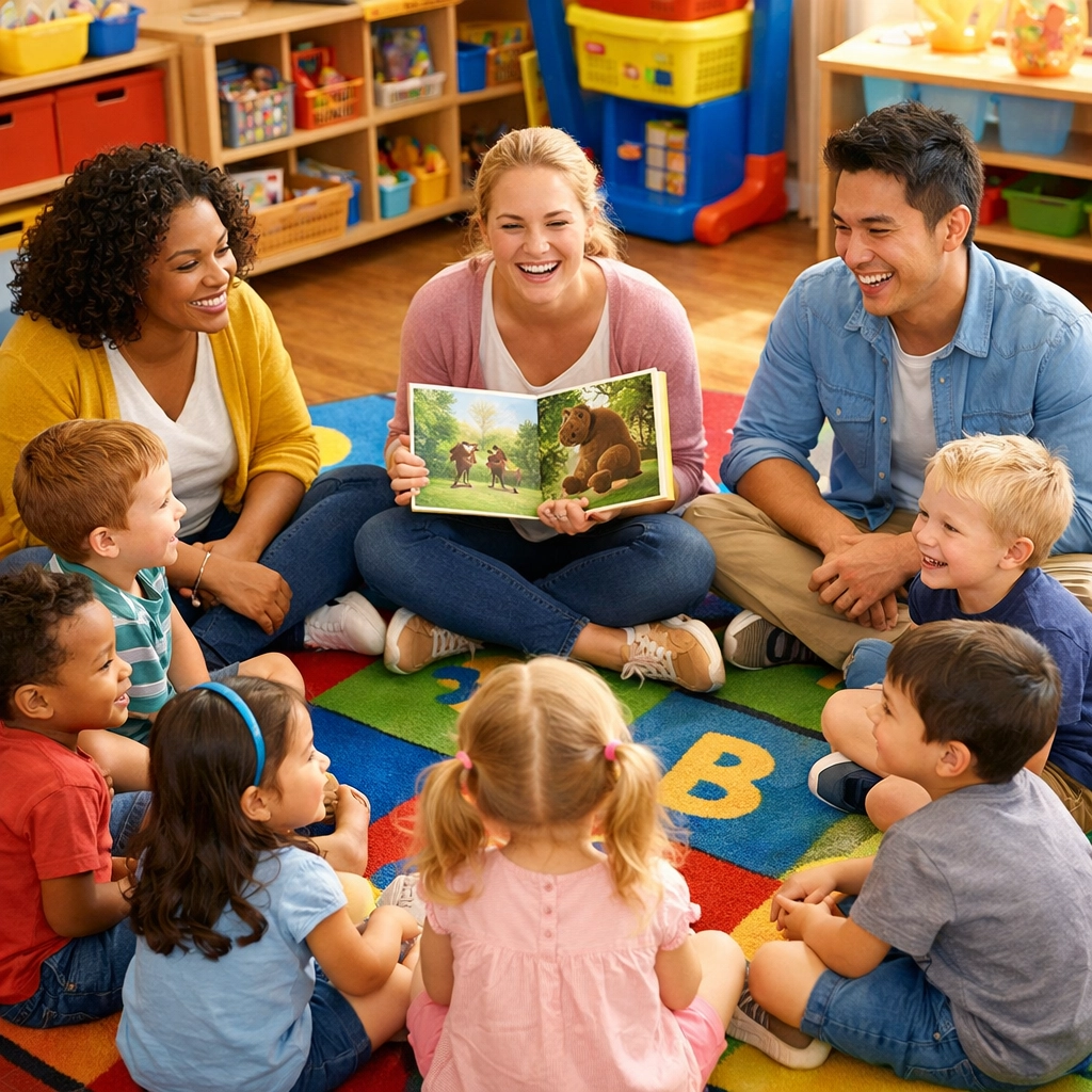 Experienced daycare teachers leading story time with preschool children in RGV