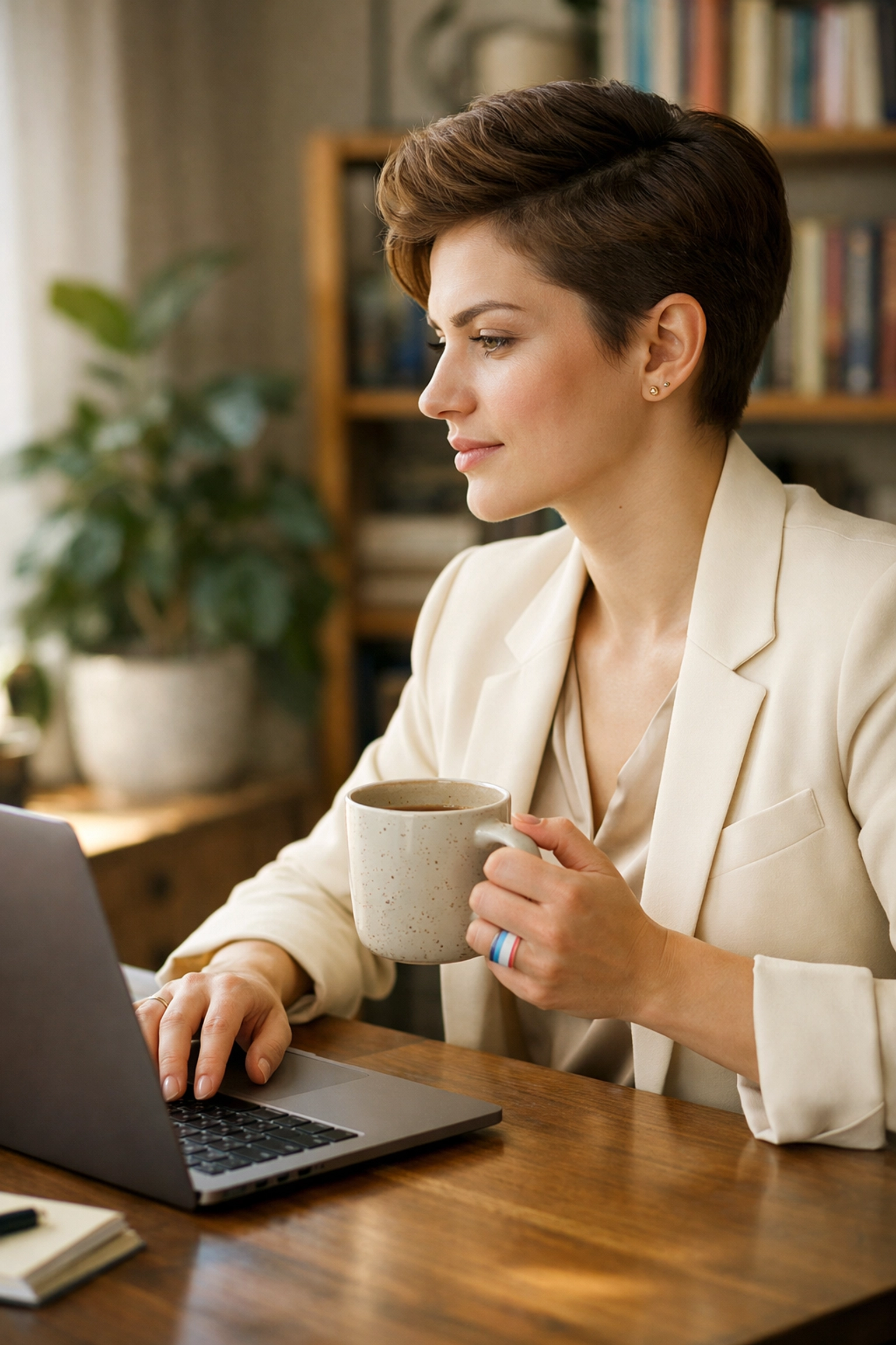 A non-binary professional at a desk with a laptop, reflecting confidence and authenticity in a job interview setting.