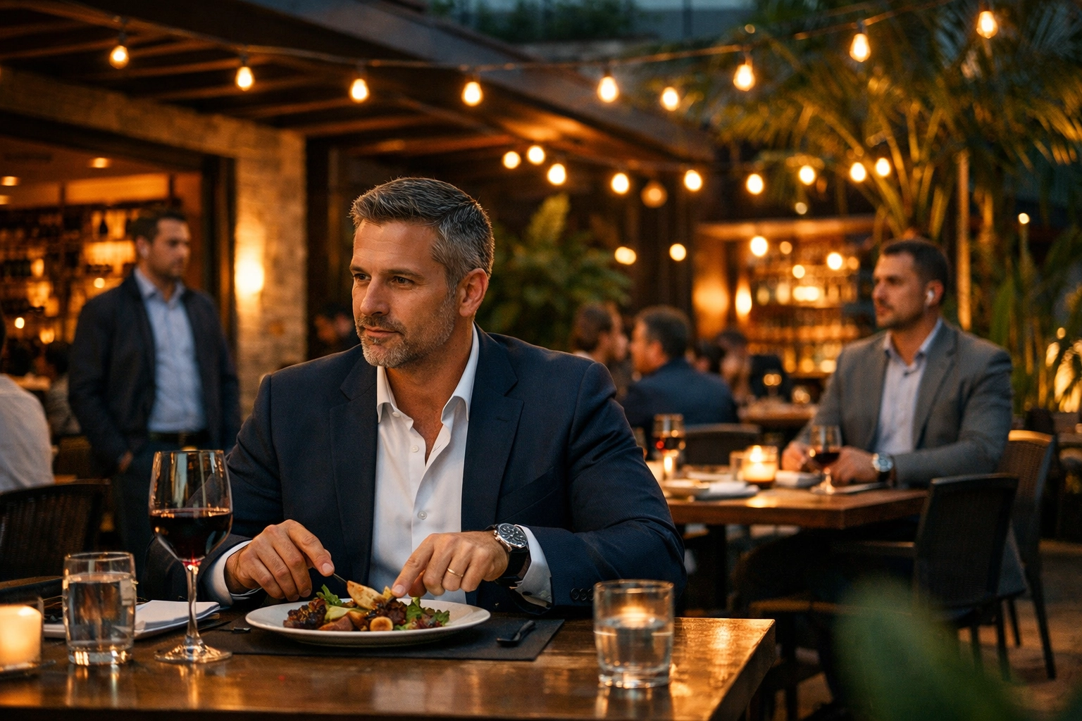 Discreet shadow protection in Medellin - bodyguards monitoring businessman at restaurant