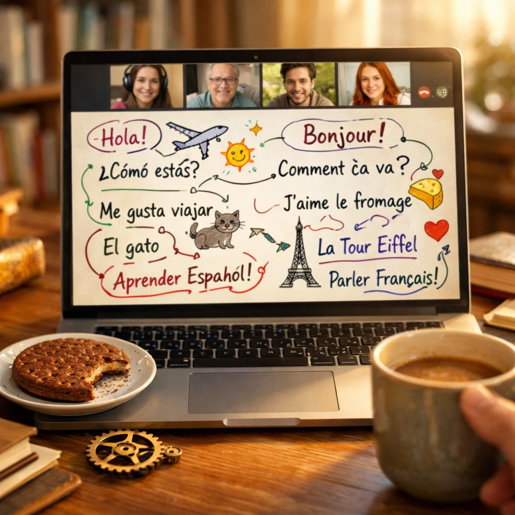 Online tutoring UK session for Spanish and French languages using a digital whiteboard and laptop.