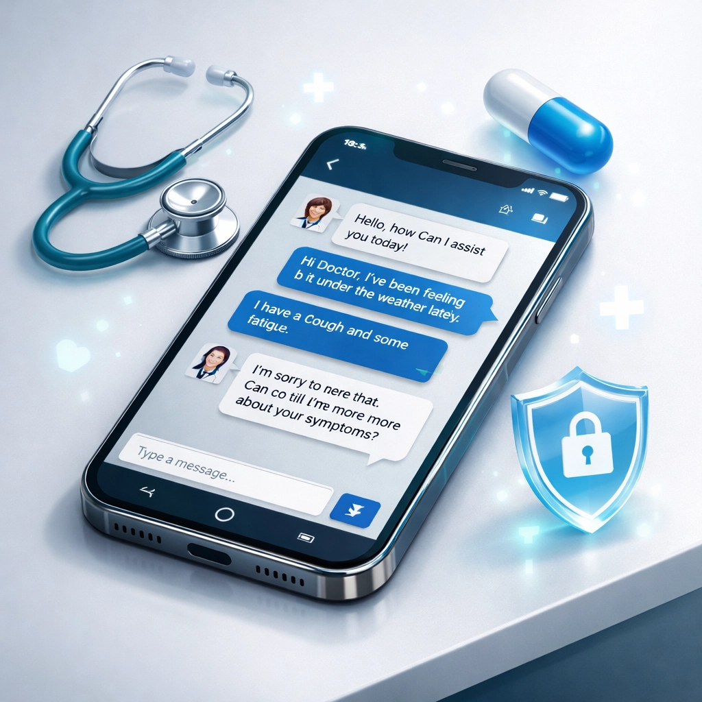 A secure medical chat interface on a smartphone illustrating 24/7 text-based primary care access.
