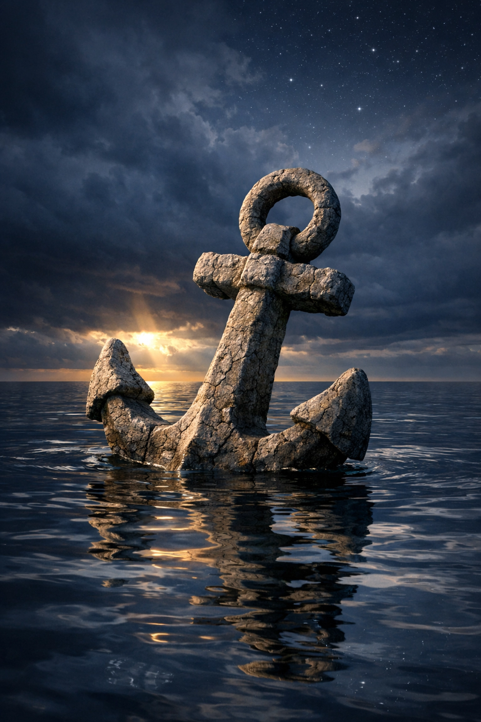 Stone anchor in calm waters symbolizing stability and peace anchored in God's character