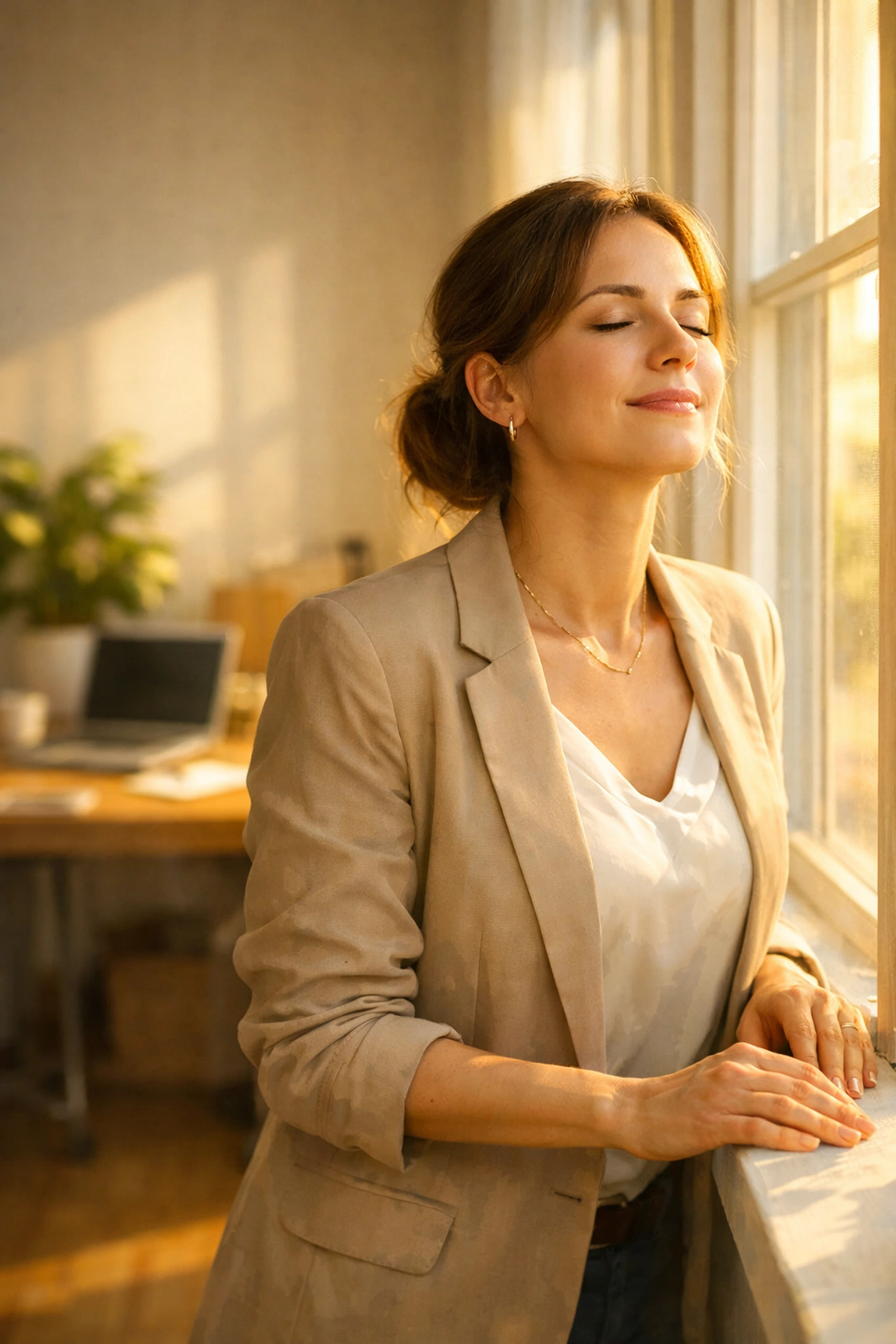 A businesswoman takes a mindful breathing break in her sunlit home office to reset her stress levels.