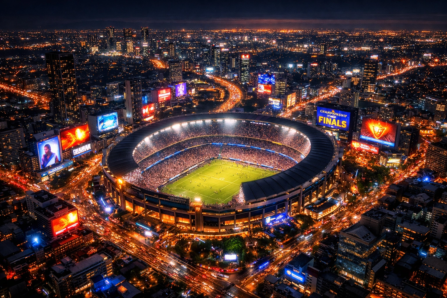 Aerial view of a glowing sports stadium at night surrounded by digital billboards in the 10-Mile Zone.