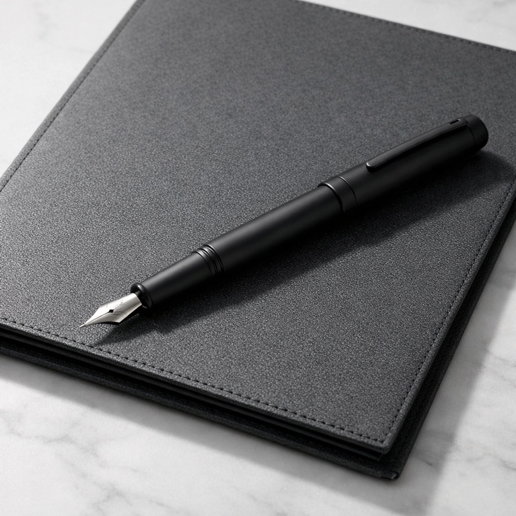 Minimalist folder and pen symbolizing a signed service bureau agreement and security plan.